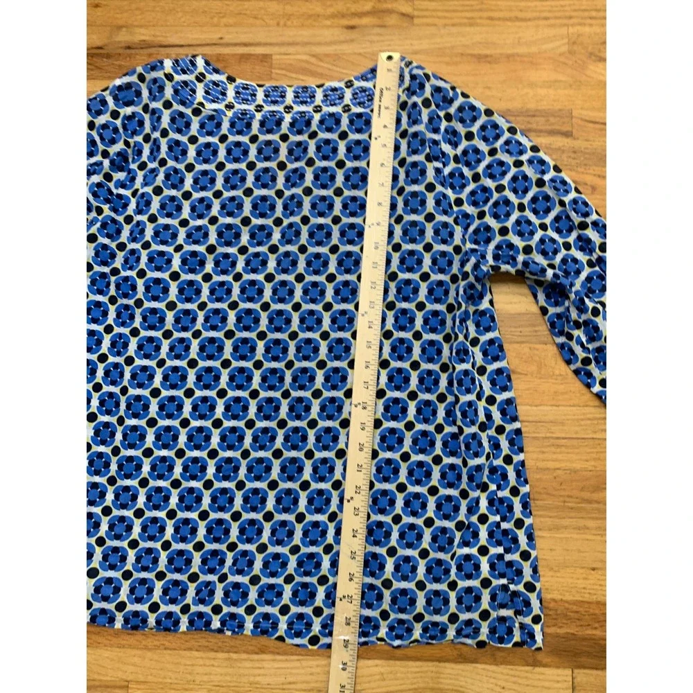 Talbots Women's 2X Tunic Top Blue Yellow Geometric Floral Cotton Split Neck